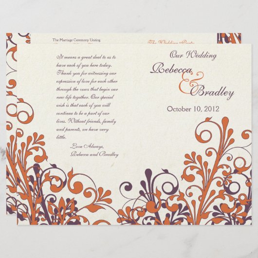 Orange violet Abstrait automne programme de mariag (Devant / Derrière)