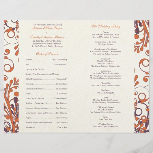 Orange violet Abstrait automne programme de mariag (Dos)