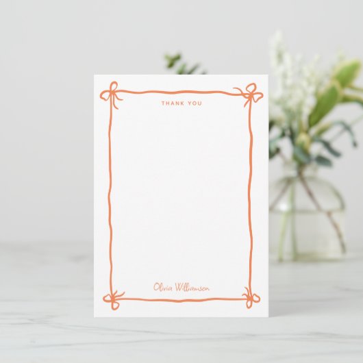 Orange Whimsical Ribbon Bow Hand Drawn Border Bedankkaart (Staand voorkant)