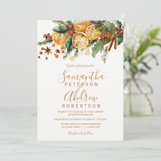 Orange Wreath Citrus Christmas winter wedding Kaart (Staand voorkant)