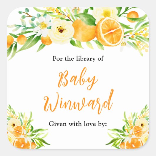 Oranges Citrus Baby Shower Bookplate Vierkante Sticker (Voorkant)
