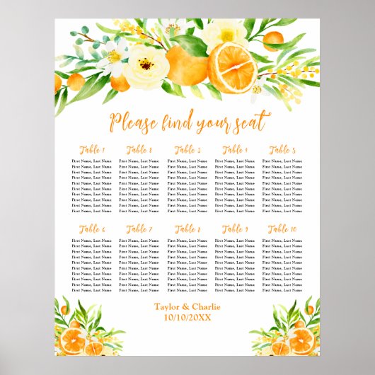 Oranges Citrus Mariage 10 tables Tableau de siège (Devant)