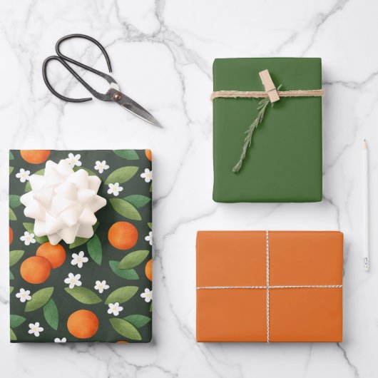 Oranges, Feuilles verts et fleurs blanches Motif (Recto)