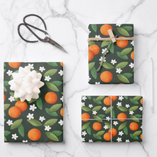 Oranges, Feuilles verts et fleurs blanches Motif