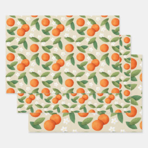 Oranges, Feuilles verts et fleurs blanches Motif