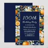 Oranges White Flowers Navy Blue 100th Birthday Kaart (Voorkant / Achterkant)