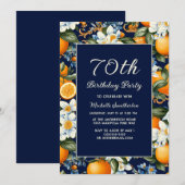 Oranges White Flowers Navy Blue 70th Birthday Kaart (Voorkant / Achterkant)