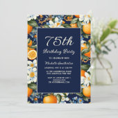 Oranges White Flowers Navy Blue 75th Birthday Kaart (Staand voorkant)