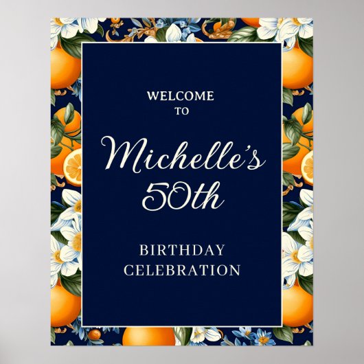 Oranges White Flowers Navy Blue Birthday Welcome Poster (Voorkant)