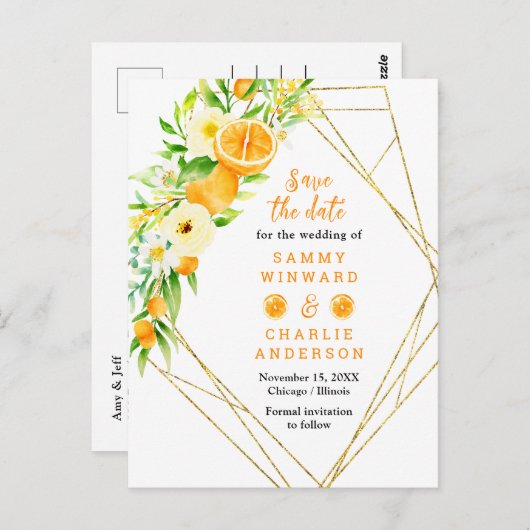 Oranges with Foliage Wedding Save The Date Briefkaart (Voorkant / Achterkant)