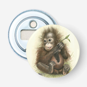 Orangutan Baby met bladeren Button Flesopener
