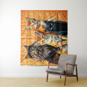 Oranje achtergrond Quilt Vier katten Wandkleed (In situ)