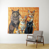 Oranje achtergrond Quilt Vier katten Wandkleed (In Situ (horizontaal))