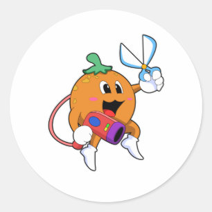 Oranje als hairdresser met schaar- en haardroger ronde sticker