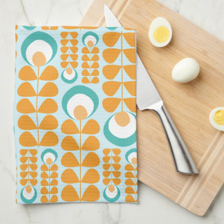 Oranje, Aqua, Teal Mid Mod Bloemenpatroon Theedoek
