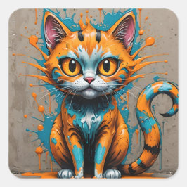 Oranje Aqua/Teal Spatten Kat Vierkante Sticker