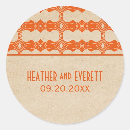 Oranje art Deco Border Wedding Stickers (Voorkant)