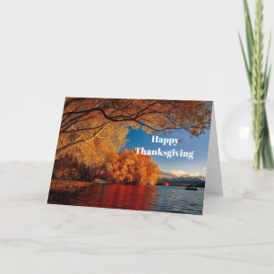  Oranje Autumn Tree Lake Foto Thanksgiving Feestdagen Kaart
