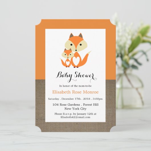 Oranje Baby shower voor Fox Burlap Kaart (Staand voorkant)
