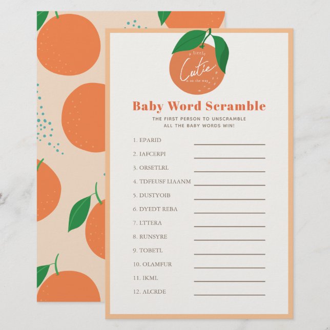 Oranje Baby Word Scramble Baby shower spel (Voorkant / Achterkant)
