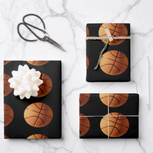 Oranje basketballen op zwart, cadeaupapier, inpakpapier vel