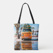 Oranje bestelwagen met surfplank bovenaan draagtas (Achterkant)