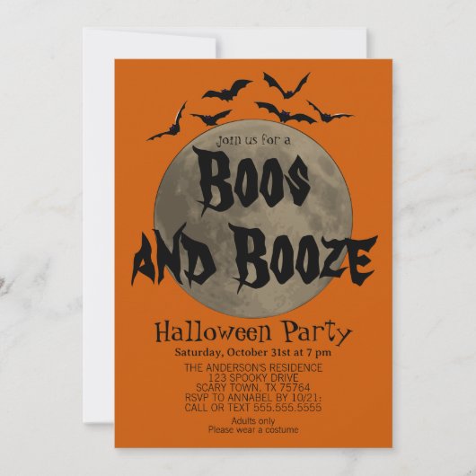 Oranje Black Boos en Booze Halloween Uitnodiging (Voorkant)