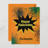 Oranje Black Spiderweb Happy Halloween Briefkaart (Voorkant / Achterkant)