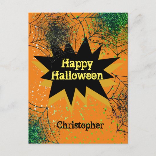 Oranje Black Spiderweb Happy Halloween Briefkaart (Voorkant)