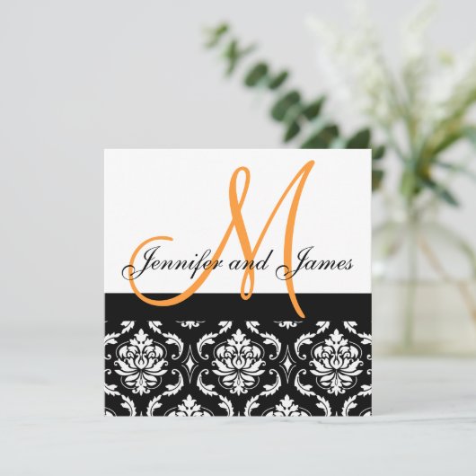 Oranje Black White Damask Wedding Invitation Kaart (Staand voorkant)