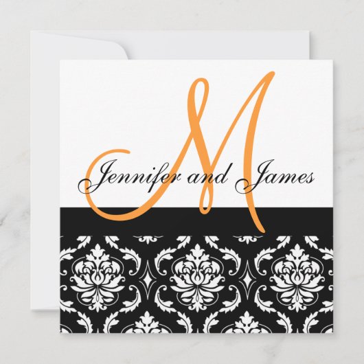 Oranje Black White Damask Wedding Invitation Kaart (Voorkant)