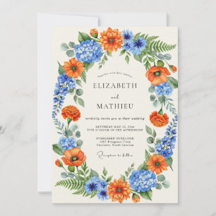 Oranje Blau Levendig Trouwfeest met Wilde Bloemen Kaart