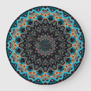 Oranje Blauw Blauwgroen Zwart Mandala Boho Art Grote Klok