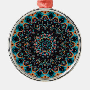 Oranje Blauw Blauwgroen Zwart Mandala Boho Art Metalen Ornament