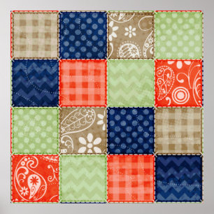 Oranje, blauw, bruin en grijs groen patchwork poster