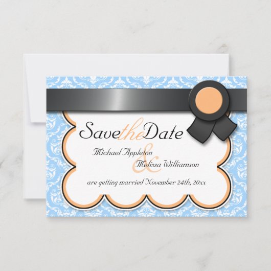Oranje & Blauw Damask Save the Date Aankondigingen (Voorkant)