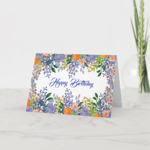  Oranje Blauwe Bloemen Waterverf Verjaardag Kaart