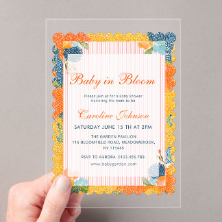 Oranje Blauwe Bloemige Baby in Bloom Baby Shower U Acryl Uitnodigingen