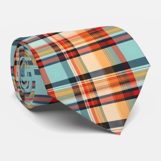 Oranje Blauwe Kleur Madras Plaid Pattern Stropdas (Opgerold)