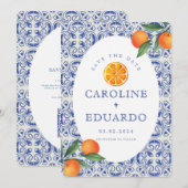 Oranje Blauwe tegel Mediterrane Huwelijk QR Code Save The Date (Voorkant / Achterkant)