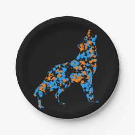 Oranje Blauwe Wolf Splattered Paint Papieren Bordje