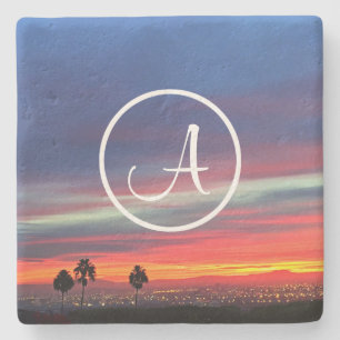 Oranje blauwe wolken zonnefoto aangepast monogram stenen onderzetter