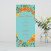 Oranje Blauwgroen Aqua Peony Roos Wedding Programm Menu (Staand voorkant)