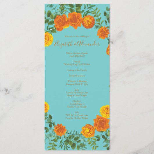 Oranje Blauwgroen Aqua Peony Roos Wedding Programm Menu (Voorkant)