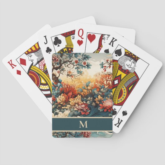 Oranje Blauwgroen bloemblaadjes Monogram Initiaal Pokerkaarten (Achterkant)