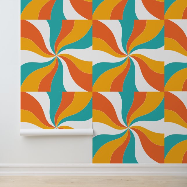 Oranje, Blauwgroen en Witte Retro Abstracte Patroo Behang (Applicatie)