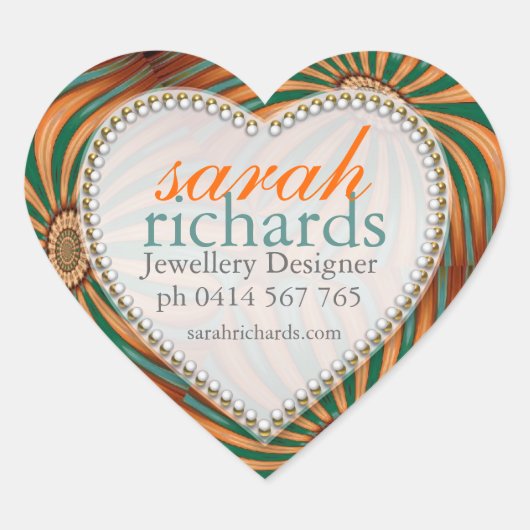 Oranje Blauwgroen Floral Swirl CustomName Heart St Hart Sticker (Voorkant)