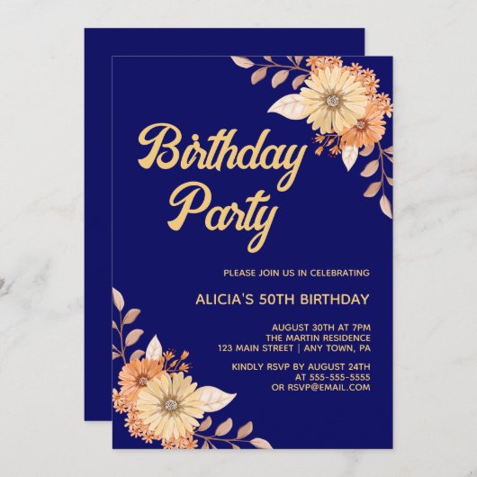 Oranje Bloem Botanisch Goud Marine Blauw Verjaarda Kaart (Voorkant / Achterkant)