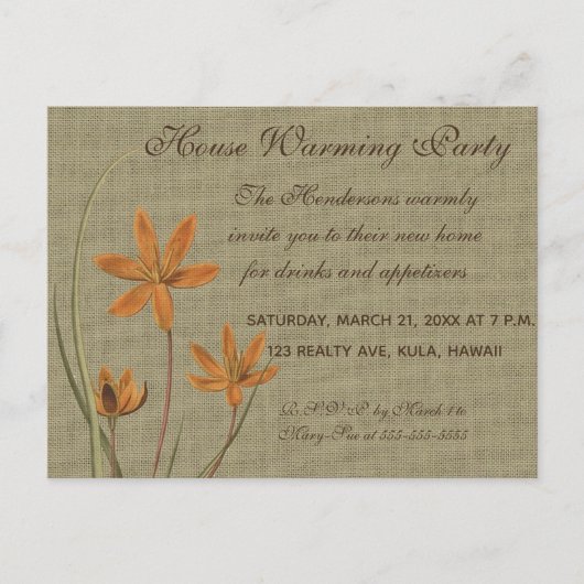 Oranje bloem op Burlap Invitation Uitnodiging Briefkaart (Voorkant)