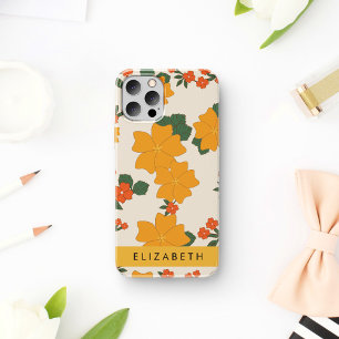 Oranje bloemen, bloemenpatroon, Jouw naam iPhone 12 Pro Hoesje